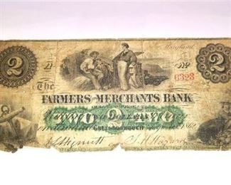 Rare 1862 $2 Bank Note from The Farmers Merchant Bank Greensborough Maryland