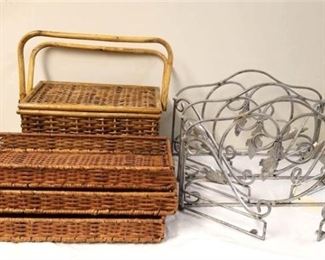 Set of 3 3Tier Celtic Wrought Iron Shelves and WickerRattan Baskets