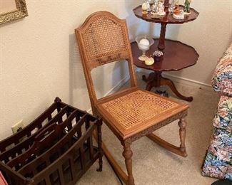3 tier Knick knack table, childs Rocking chair, wood magazine holder. 
