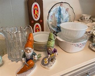 Goebel gnome pair, Pyrex bowls, fire king swirl bowl & casserole dish by ?