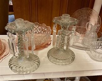 Fostoria Queen Anne Candle Holders with Prisms 