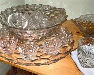 Fostoria American Glass Collection - Punchbowl Cups and Ladle, Heart Dish, Fan Footed Bowl