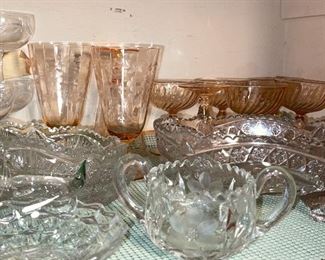 crystal and pink depression glassware