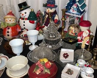 Christmas Pins, Glass Christmas Tree Jar Bohemian, Fitz Floyd  Fruit covered Dish,  Snowman Cookie Jars, EAPG Domed Butter Dish 
