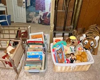 Vintage Children’s Books, Vintage Toys, Vintage Stuffed Animals, Baby Doll Cradle, Penny Doll, Barbie Doll, Large Stuffed Tiger 
