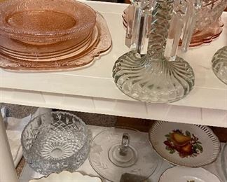 Queen Anne Fostoria Candle Stick Holders, Pink Depression Glass, Crystal bowl, German Fruit Plates, Brass Coaster Baldwin