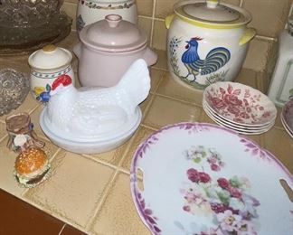 Hen in Dish, Floral Plate, provincial Rooster Cookie Jar, Johnson Brother Pink Floral Bowls