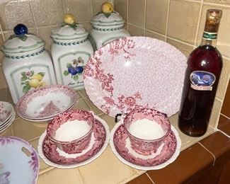 Mason Pink Transferware Cup and Saucers, Villeroy & Boch French Garden Canisters