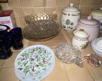 Fitz and Floyd Bird Plates, Glass Serving Pieces 