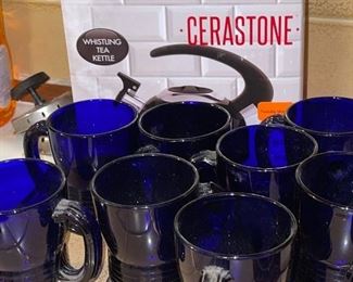 Cobalt Blue Mugs, Cerastone Tea Kettle