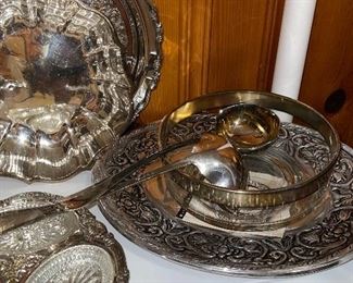 Wilton Pewter William and Mary Oval Platter, Silver Rim Glass Bowl, Silver Plate Ladles