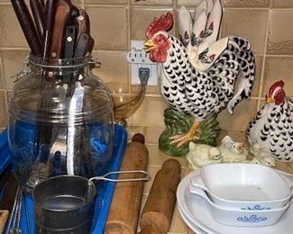 Cornflower Blue Corning Ware Bakeware, Fitz and Floyd Roosters, Wooden Rolling Pins, Vintage Knives, Blue enamel Pan