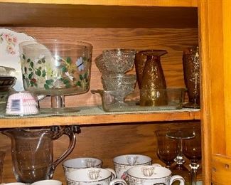 Toile Turkey Mugs, Johnson Brothers Mugs, Glass pitcher, Painted Trifle, Amber Sandwich Glasses, Anchor Hocking dessert Cups