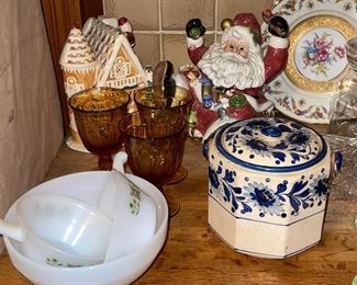 Blue Delft Biscuit Jar, Fire King, Virginia Amber Goblets, Fitz and Floyd Santa Jar, Fitz and Floyd Gingerbread Jar