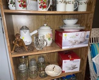 Holiday Dishes, All White Tea Set, Christmas Jars, Spode Christmas Tree, Wine Decanter Server,  Wooden Monkey, Marble Cutting Boards, Baker
