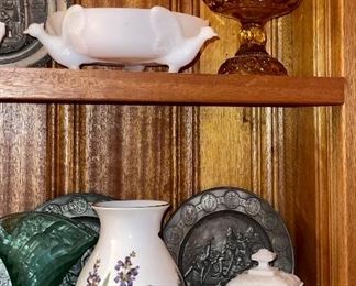 LE Smith Moon Stars, Jeanette Milk Glass, Westmoreland Milk Glass, 1776 Pewter Plates, Green Depression Glass Vase