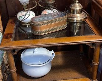 Glass and wood side table, Chamber Pot,  Milk Glass Oil Lamp Lights, Copper Planter, Solid Brass Lamp