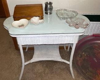 White Wicker Vanity Table, Wooden Portable Desk, Mikasa Dish, Pewter Mug Steiff