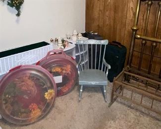 Wreaths in Holders, Blue Childs Rocker, White Wicker Planter, Storage Conainers and Drawers, Luggage Suit Cases