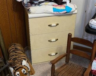 Large Stuffed Tiger, Small Dresser, Vintage Quilts, Childs Slat Rocking Chair