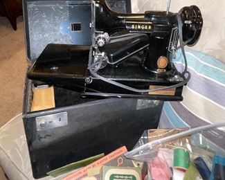 Antique Singer Sewing Machine, Sewing Basket, Sewing Items