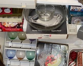 Pewter tray, Ballon Wine Goblets, Pewter Square Dish, Chip and Dip Sets
