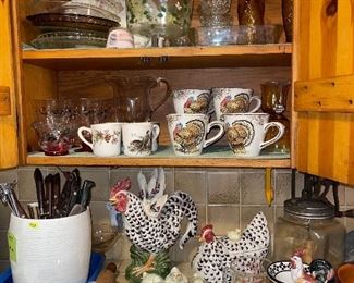 Rooster Hen Chicken Fitz Floyd, Toile Turkey Mugs, Old Knives, Wooden Rolling Pins, Cornflower Blue Pie Plates