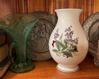 Pewter Bicentennial Plates, Royal Worcester Herbs Vase, Green Depression Glass Vase