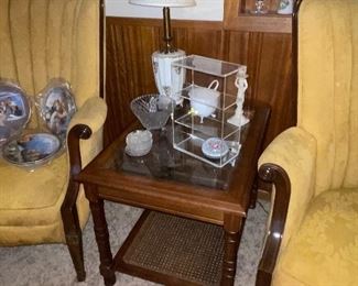 Glass and Wood End Tables, Tub Style Cloth Chairs