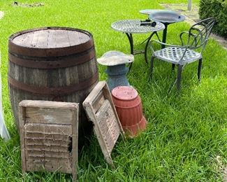 Whiskey Barrel, Old Washboards, Metal Table, Bird Bath