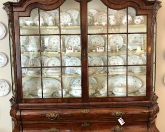 FRN0007: Louis XV Dutch Burl Walnut Veneered China Showcase Cabinet.  Good condition.  92" H x 82" W x 14" D. 

CCS0004: 127 Piece Antique Meissen Porcelain SCATTERED FLOWERS China Collection