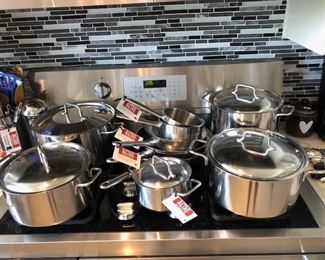 14 Pieces Demeyere 18/10 Stainless Steel Cookware:

KIT0003:  Set of 8Pcs Demeyere 18/10 Stainless Steel Pot Set w/ Lids (12q, 8q, 6q, 1.5q) 

KIT0004: Demeyere 18/10 Stainless Steel 10 quart large stockpot w/ lid.

KIT0005:  Set of 2 Demeyere 18/10 Stainless Steel Saucepans 1Qt & 1 1/2Qt. No lids  

KIT0006:  Set of 3 Demeyere 18/10 Stainless Steel Frypans (9”,10”&11”)  