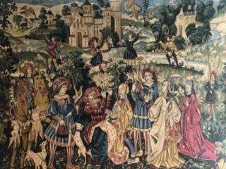 APT0088: c.1910 Tapestry (possibly Flemish). Medieval Falconers and an assembly of nobility and servants.  70 1/2” x 54”. Condition is very good.