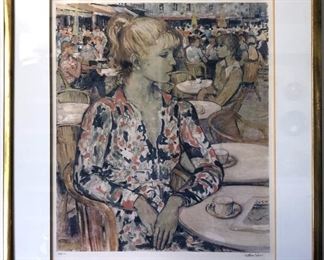 APT0027:  Lithograph; lovely young woman open air cafe. Paul Smolder (1921-1997 Belgium). Edition 94/100. Pencil signed bottom right: Bio sheet attached to verso. Gold wood frame dim. 37 1/2” x 33”. Margins 27 1/4” x 23”.  Excellent Condition.  