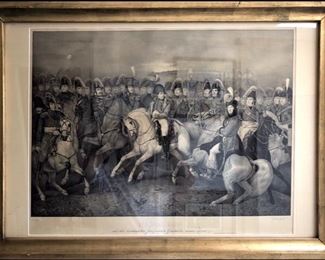 APT0068: 19th century engraving. Napoleon Bonaparte amongst a large contingent of equine mounted French officers. Formation of infantry (foot soldiers) in background.  Wood gold frame dimensions 38” x 27 1/4”. Matte margins 29” x 22 1/2”
Good to very good condition with slight toning issues.  Left side Frame damage.