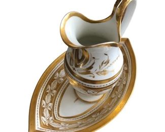 CCS0083: Antique French Empire Porcelain Wash Stand Pitcher and Oval Bowl. Gold Leaf. Excellent Condition. 14”W x 9” D x 11” H 