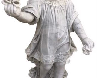 ASC0001 Sculpture: Young Girl in Lace Dress on Carpet of Flowers in Carrera Marble.  35.5" H x 18" W.  Repair to left wrist.  