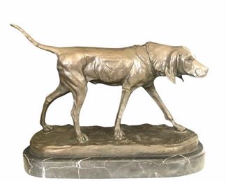 ASC0011: Auguste Nicholas Caïn (French, 1822 - 1894).  Hound Dog Bronze on oval marble base.  9.25" H x 12" W