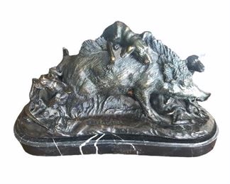 ASC0006: Sanglier Pris Par Des Chiens (Wild Boar Taken By Dogs).  Prosper Lecourtier (French, 1851 - 1924).  Late 19th c.  Bronze on oval marble base.  15.25" H x 9" W.  