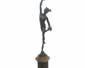 ASC0003 Antique Patinated 22”Bronze Sculpture of Hermès / Mercury on Marble & Bronze Bas Relief Base (AS IS) 