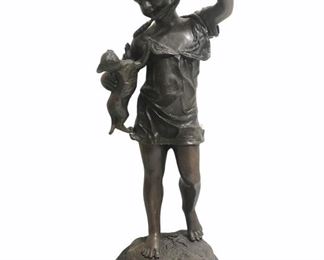 ASC0022:  Young girl with cat.  Émile Laporte.  (French, 1858 - 1907).  Bronze on a round marble base.  15 1/8" H x 6" W.