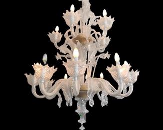 LGT0003:  Large Venetian Glass Tiered 15 Light Chandelier (54”H x 34” W) Excellent Condition