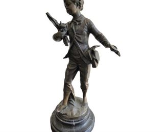 ASC0021: Young boy holding nest.  Émile Bruchon. (French, 1806 - 1895). Bronze on a round marble base.  14" H x 5 3/8" W.