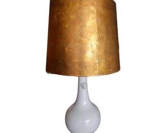 LTG0006:  Pair 38.5” White Crackle Chinese Porcelain Vase Lamps w/ footed wood asian bases and Vintage Gold Leaf Shades. 