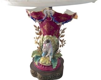 LGT0004:  Elaborate Antique Old Paris Rococo Jacob Petit Style Porcelain Figural Vase Lamp. 