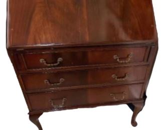 FRN0015: Queen Anne Style Drop Front Secretary w/Key.  Mid 20th c.  Fair condition.  Crazing to veneer.  40" H x 30.25" W x 15 9/16" D.