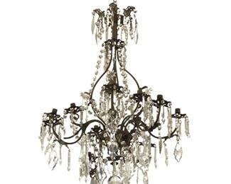 LGT0007:	Antique 42”H x 28” W -  8 Arm 12 Light (unwired) Ormolu Bronze Crystal Empire Chandelier (As Is). 