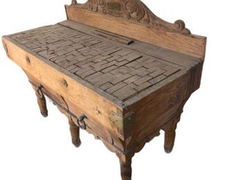 FRN0037: Belgian Beechwood Butchers Block.  19th c.  Good condition.  Wear is consistent with age and utility.  33.75" Cutting Surface H x 47.5" Back H x 59" W x 27.5" D.