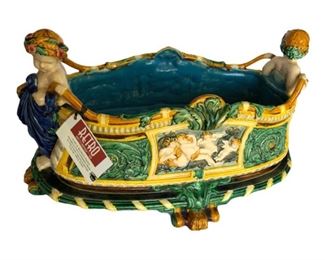 CCS0119: Antique Minton Majolica Rennisance Style Cistern Centerpiece Planter Ornamented with Putti and Floral Festoons and Scrolled Paw Feet  