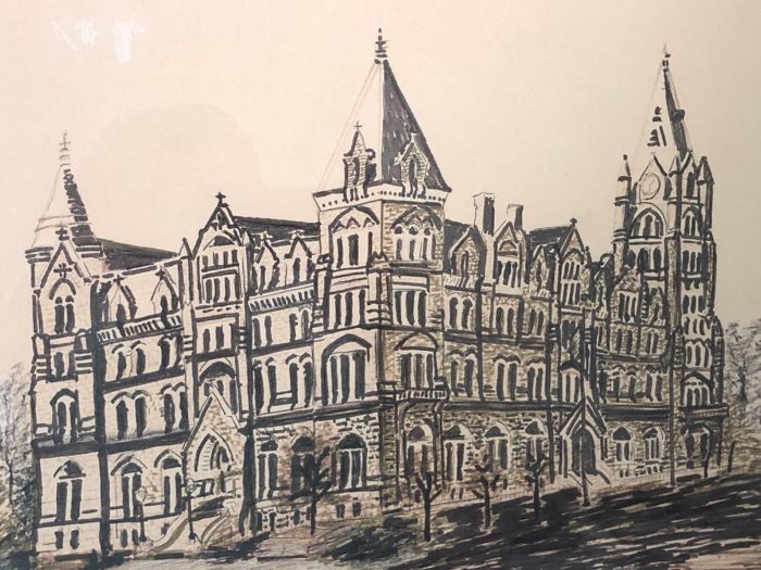 Charcoal drawing of old city hall Richmond in Antique walnut frame